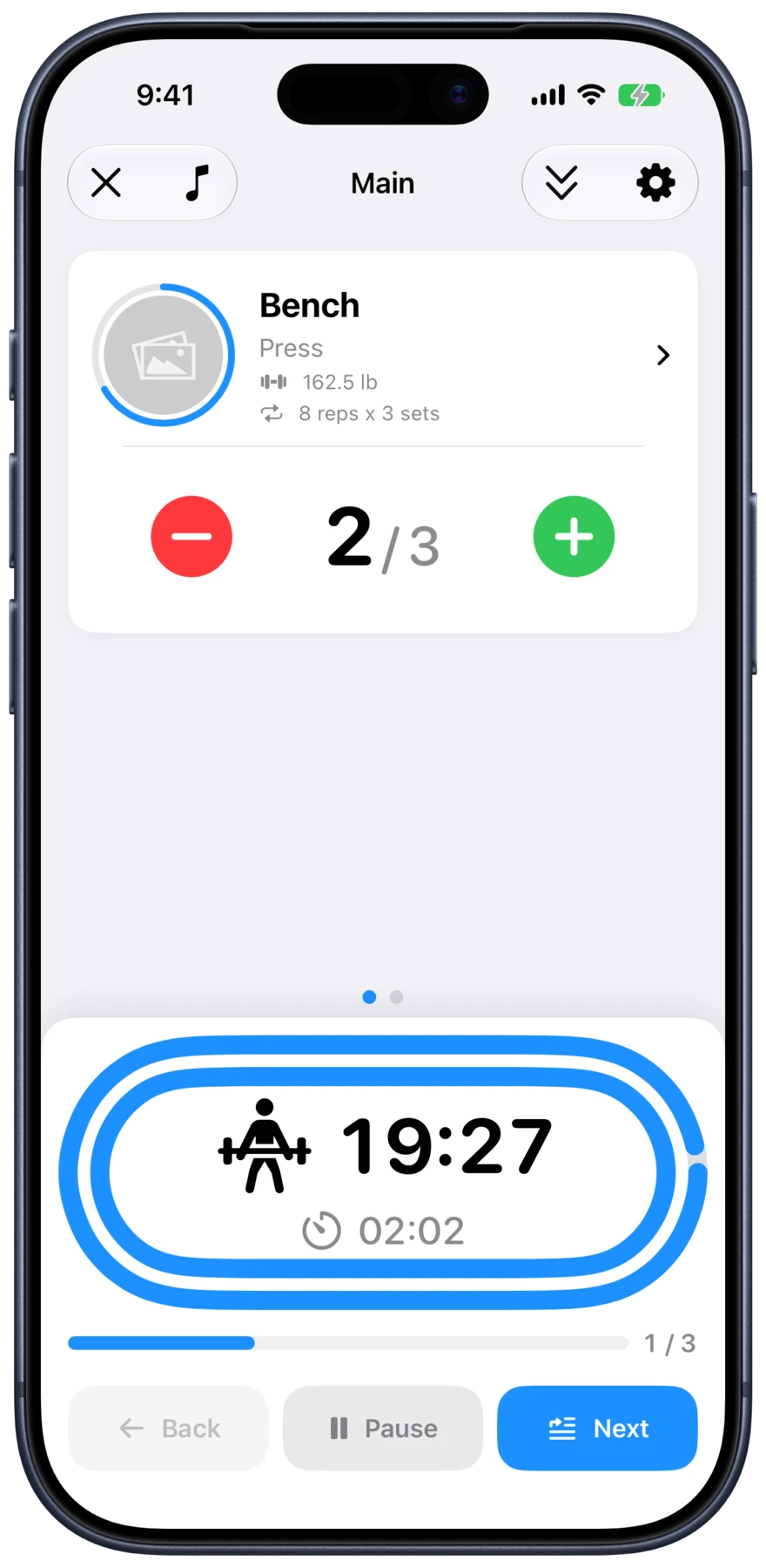 Active workout screen logging sets with a running rest timer